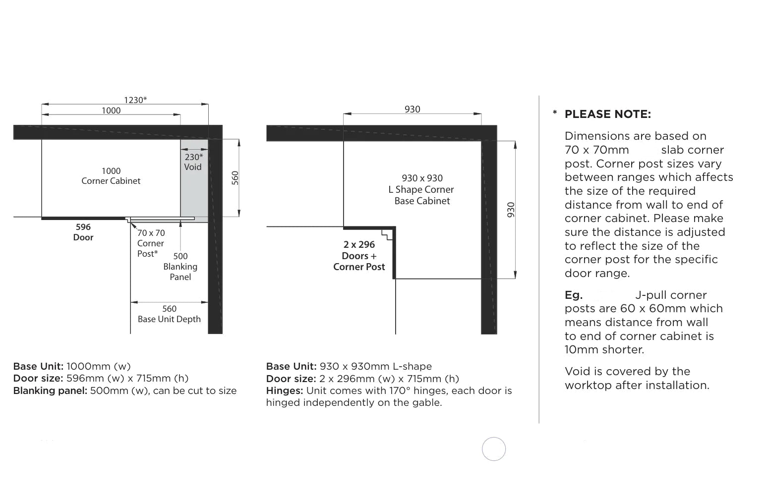 Technical drawing of a corner cabinet setup with dimensions and notes.