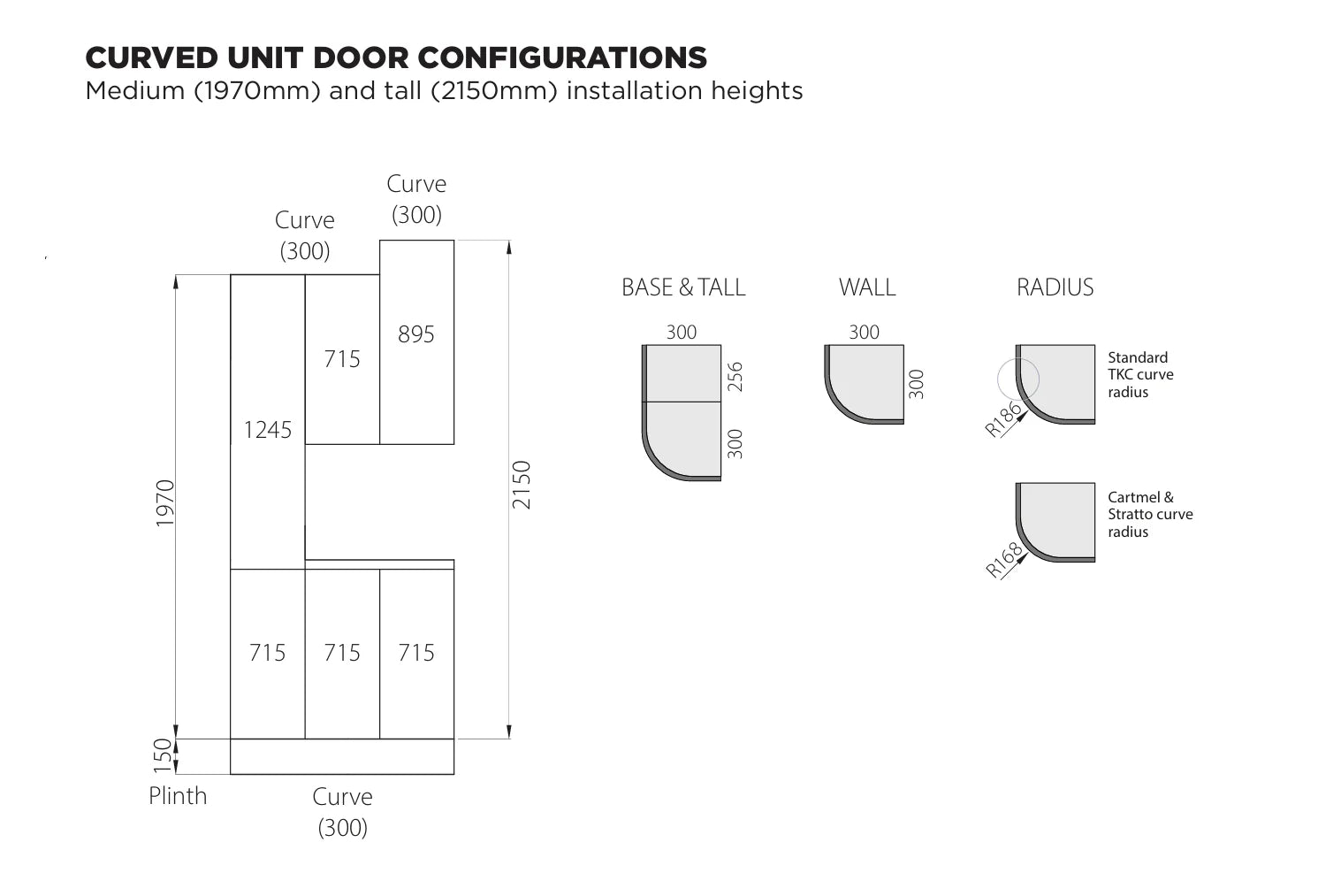 Diagram of curved unit door configurations with dimensions on a white background